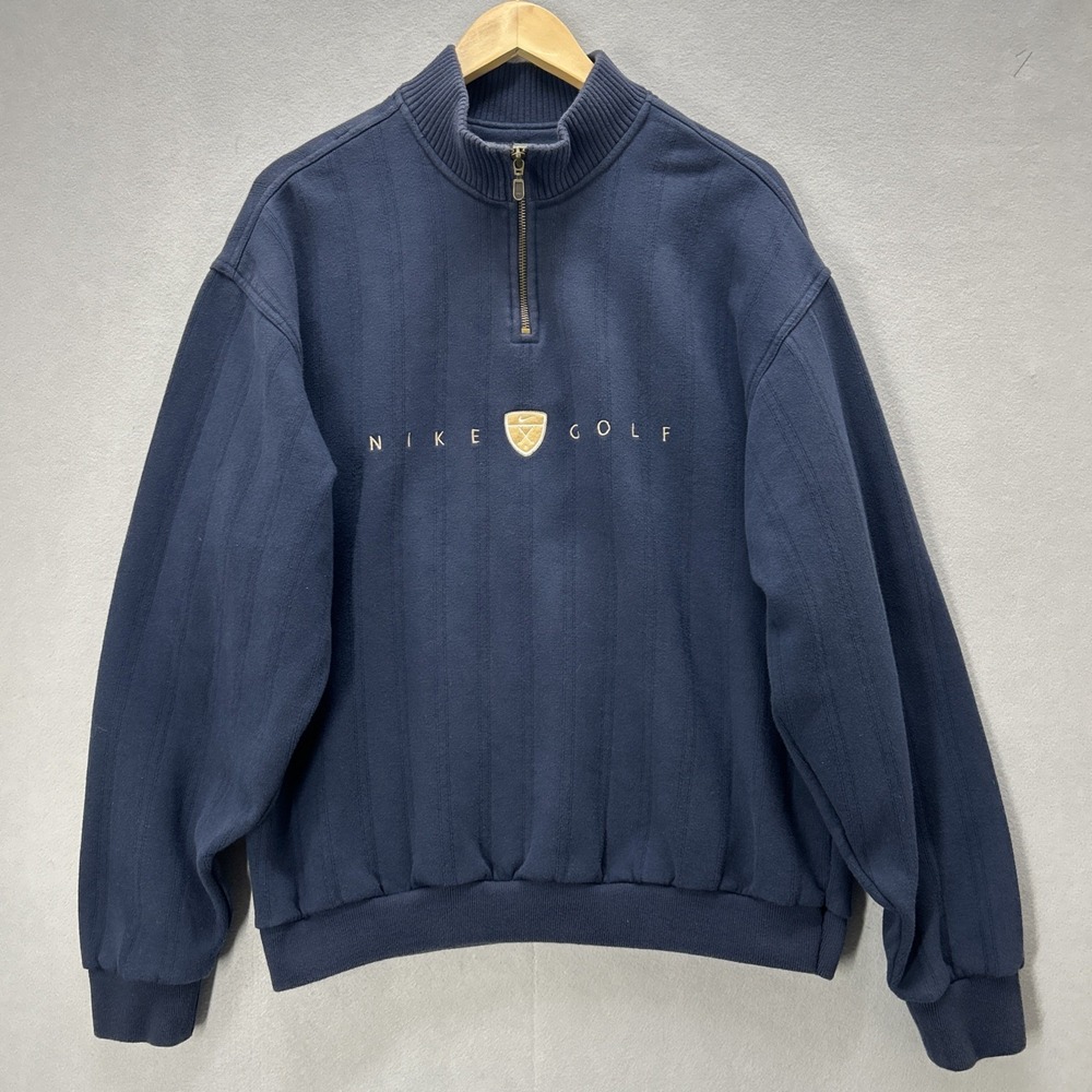 Nike Sweatshirt Mens L Blue 1/4 Zip Pullover Mock Neck Golf Logo Ribbed Vintage